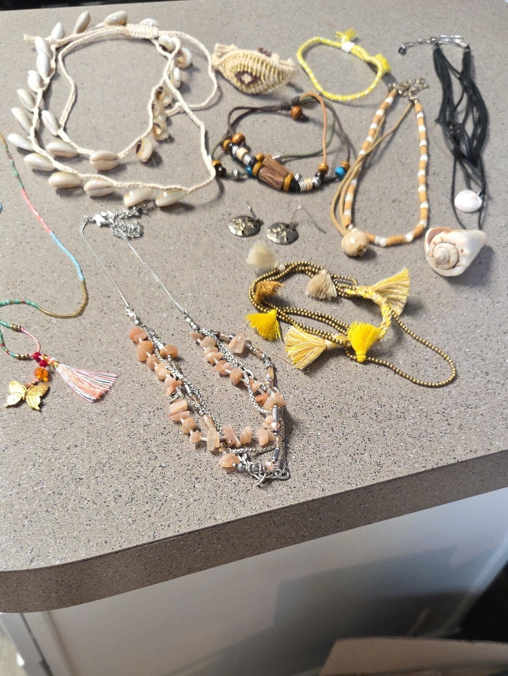 Boho Tassel & Shell Necklace Set - Yellow, Cream, Beige 10 Items In Package